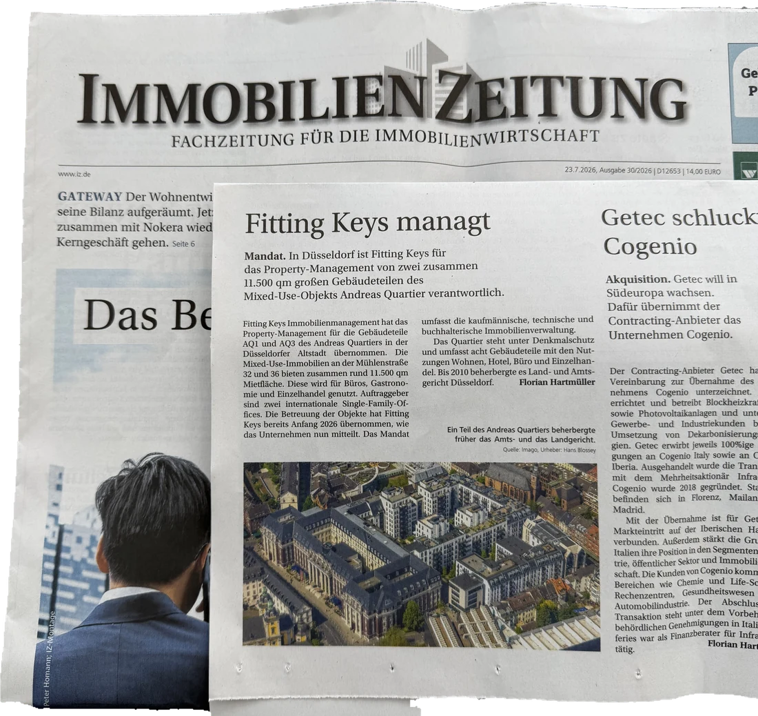 Immobilien Zeitung, Ausgabe 30/2026: Artikel „Fitting Keys managt“ über das Property-Management der Gebäudeteile AQ1 und AQ3 im Andreas Quartier Düsseldorf